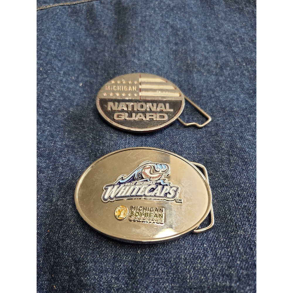 Lot of 2 Michigan Memorabilia Belt Buckles - Baseball & National Guard